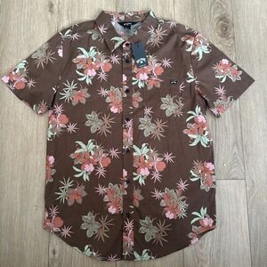 Billabonic Men's Hawaiian Tropical Short Sleeve Button Up Shirt Brown Size Small
